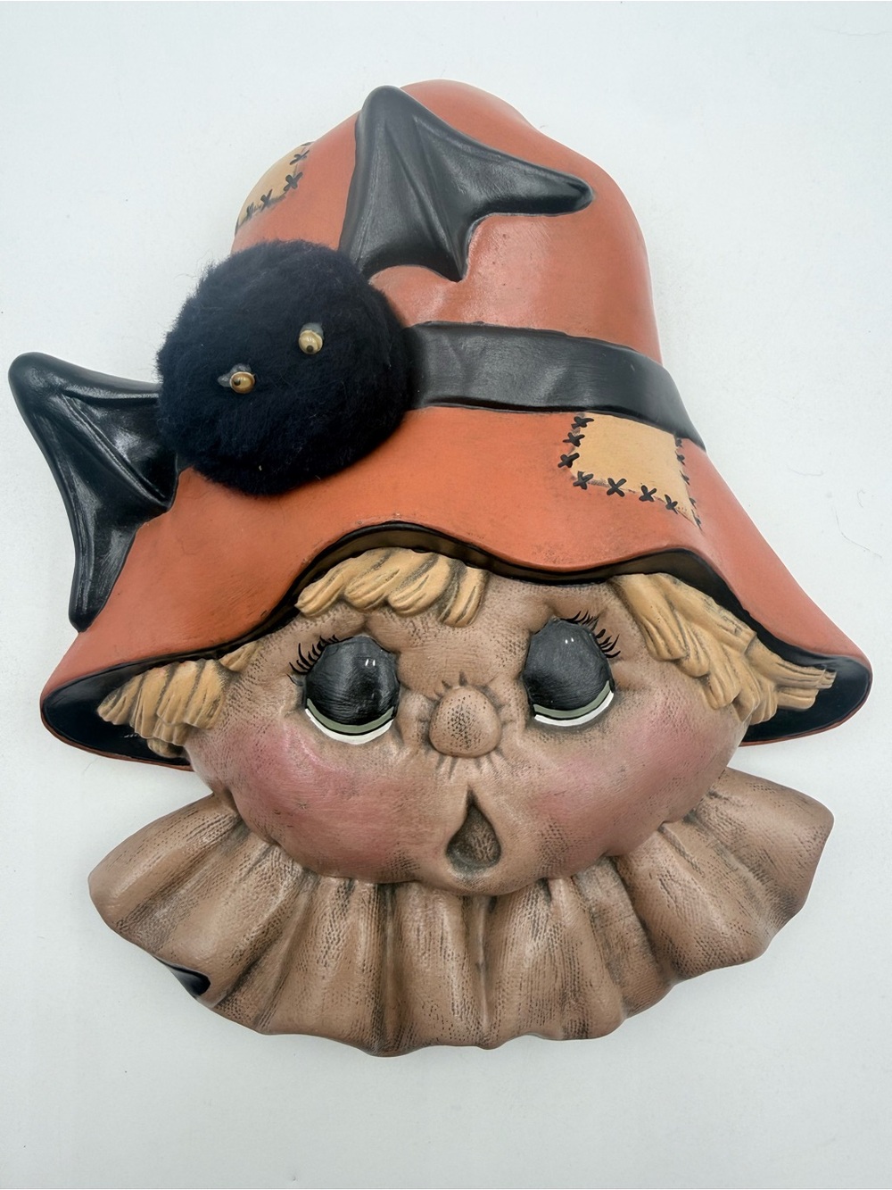 Adorable Vintage Hand Painted Scarecrow  Halloween Ceramic Wall Hanging